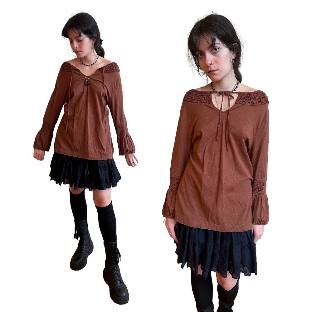 Brown Cotton Three Quarter Length Long Sleeve Top V Neck Tie Collar Bell Sleeves